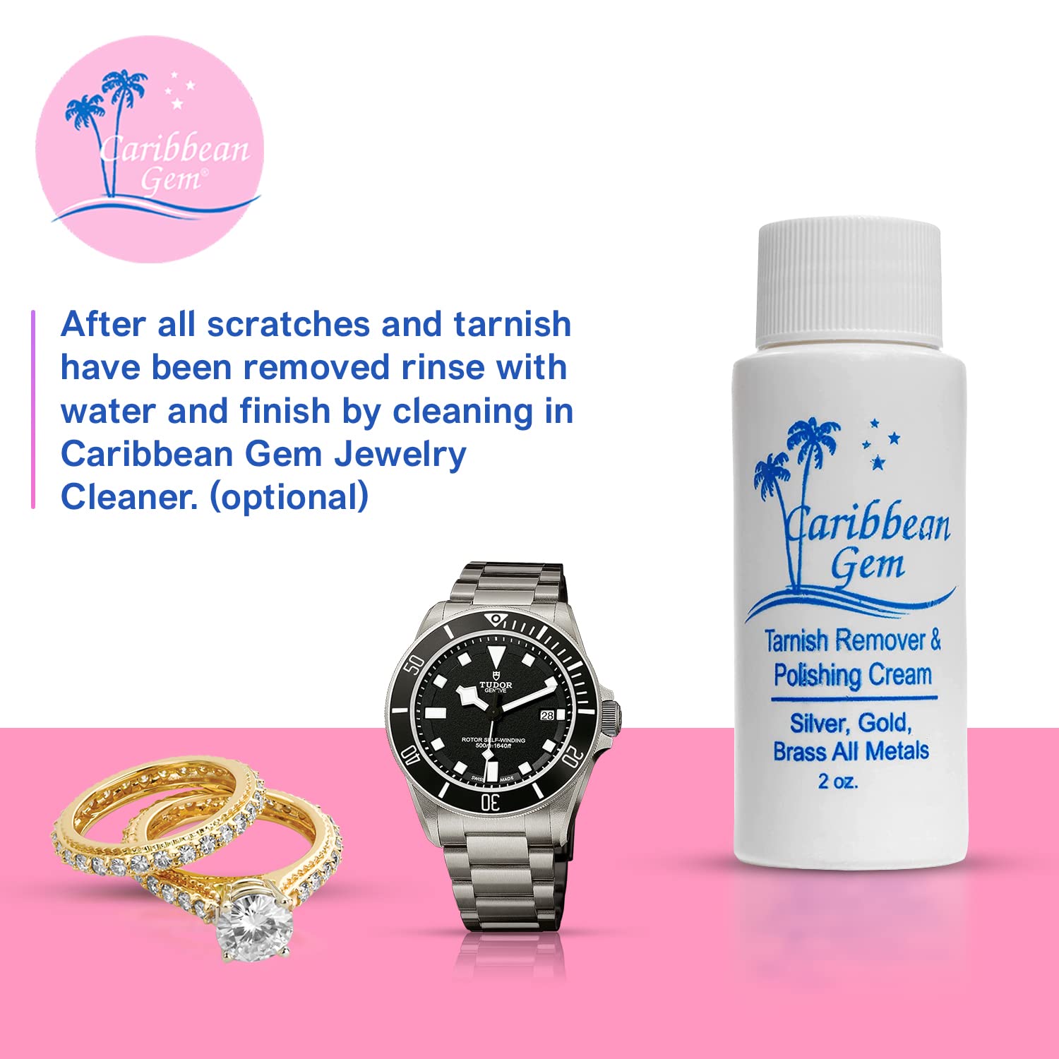 Caribbean Gem Jewelry Cleaner 8 oz & 16 oz Refill, Basket, Brush, Polishing  Cream, Ammonia Free Jewelry Cleaning Kit for All Gold, Silver, Diamonds